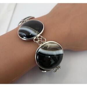 Banded Black and White Agate & Sterling Silver Bracelet